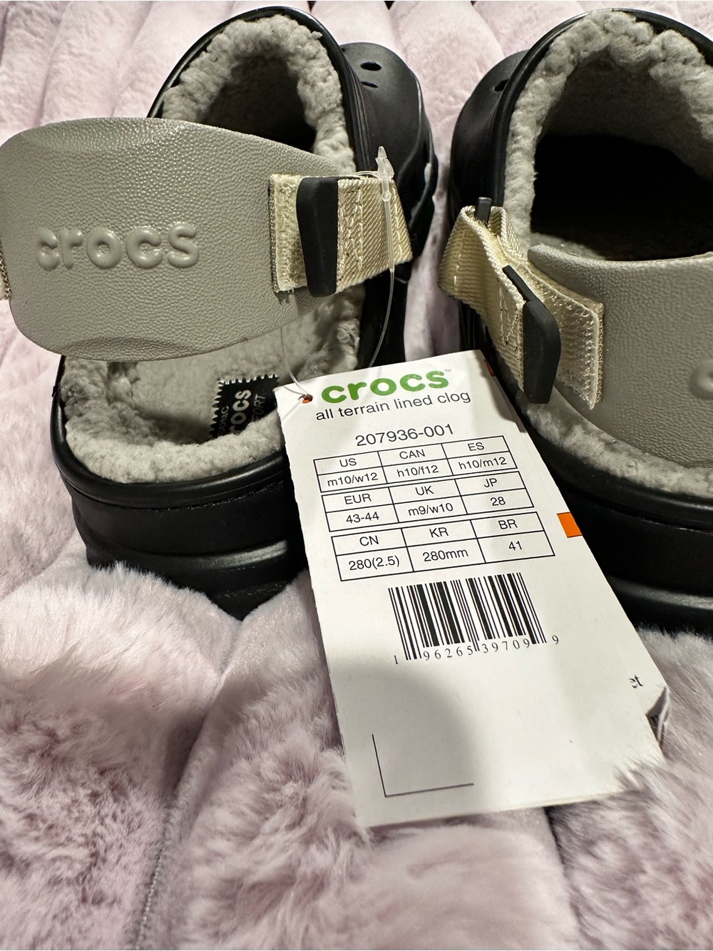 CROCS M 10 W 12 ALL TERRAIN Black Classic Lined Clog with GREY Cream Strap - Picture 3 of 8